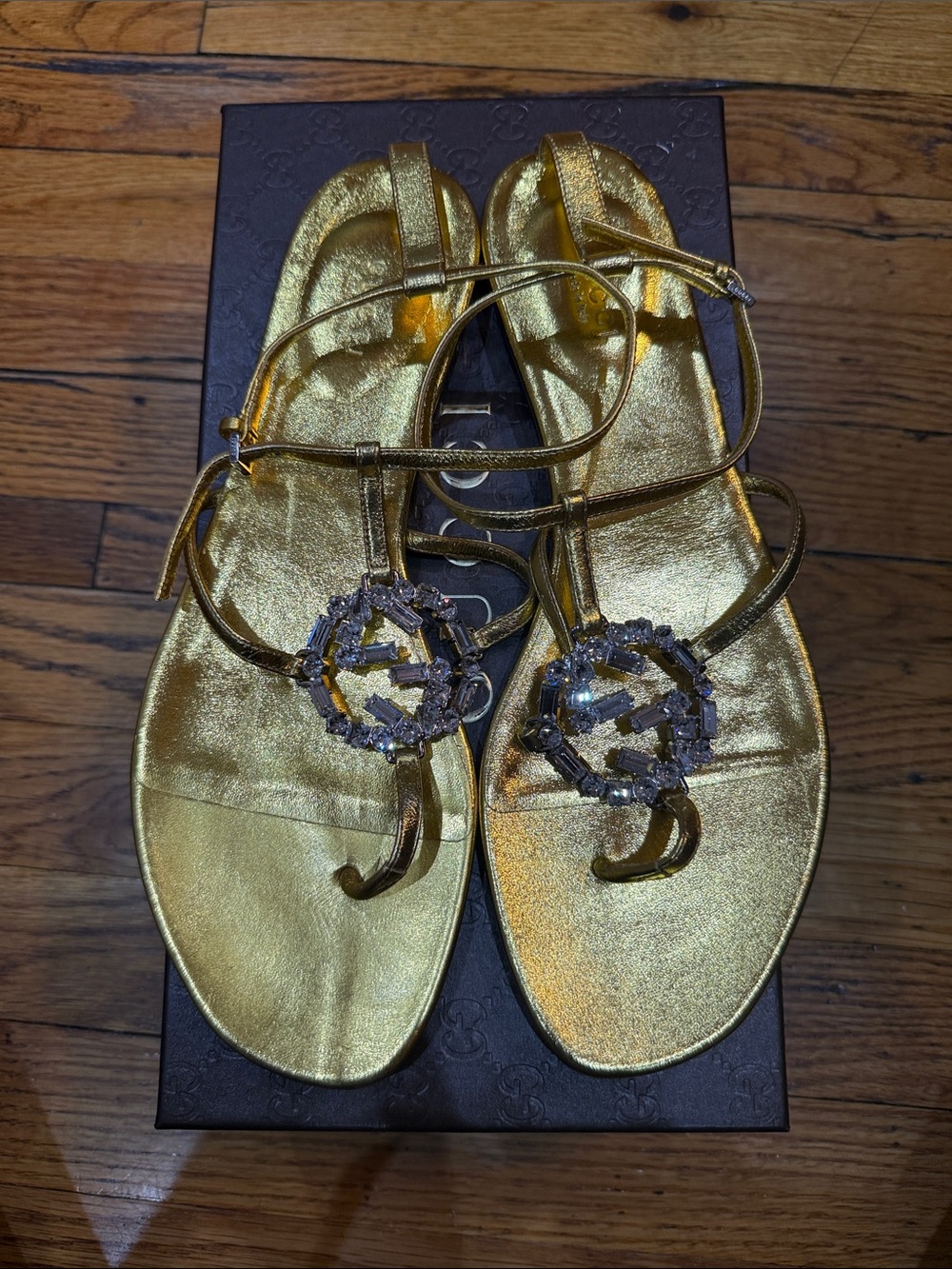 Gucci Gold Metallic Gem-Embellished Strappy Sandals